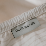 "This is your side" tag - Designer bedding Canada - Percale cotton fitted sheet
