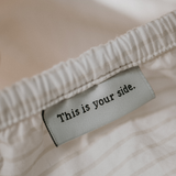 "This is your side" tag - Designer bedding Canada - Percale cotton fitted sheet