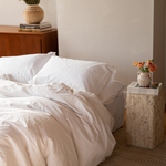 Crisp bedsheet set on bed- Cotton percale deep pocket bedding - pinstripe (clay/chalk)