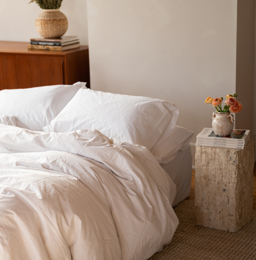 Crisp bedsheet set on bed- Cotton percale deep pocket bedding - pinstripe (clay/chalk)